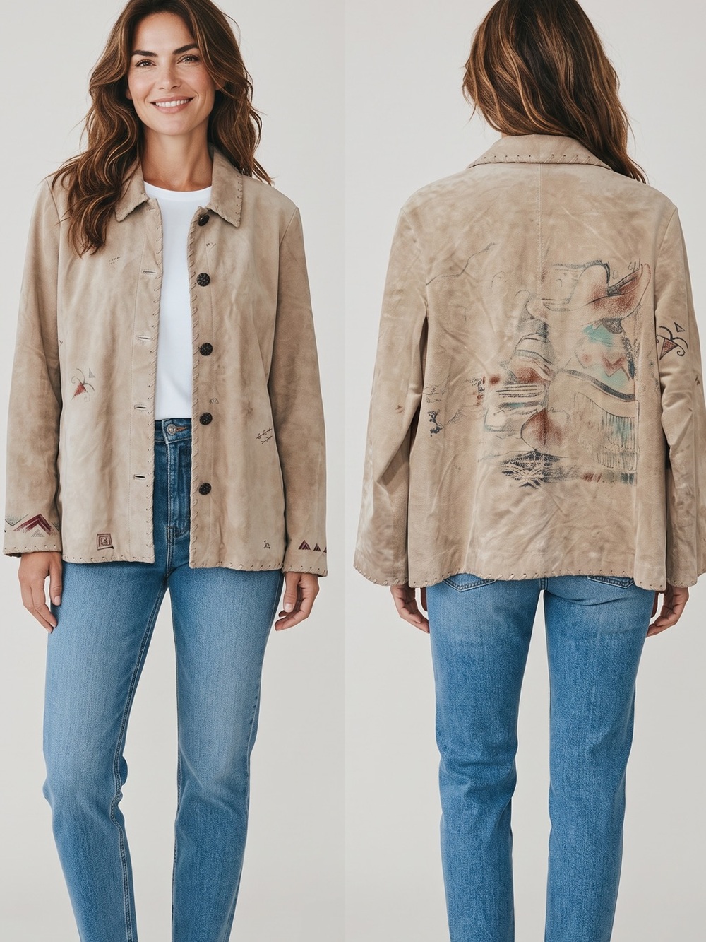 Vintage Chico’s Western Suede Leather Jacket Boho Cowgirl Rustic Statement